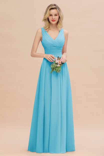 Elegant A-line V-Neck Ruffles Long Bridesmaid Dress