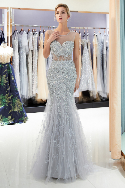 Long Sleeveless Mermaid Sequined Tulle Evening Dresses