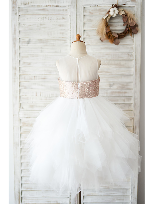 Ball Gown Knee Length Wedding / Birthday Flower Girl Dresses - Tulle / Sequined Sleeveless Jewel Neck With Tiered
