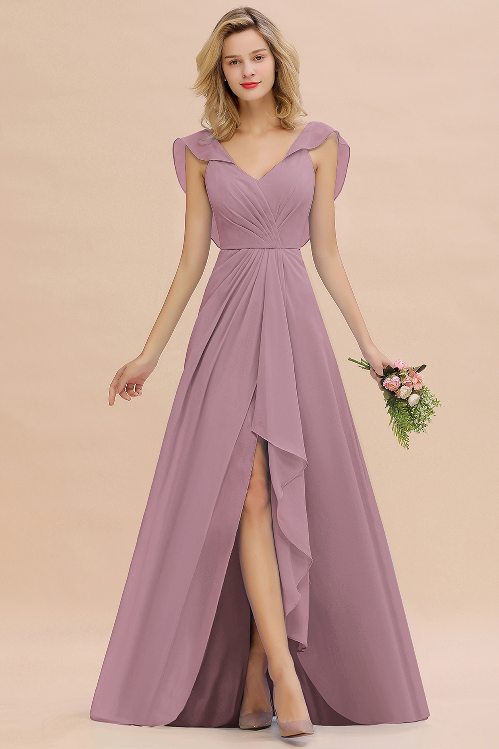 BM0777 Simple Hi-Lo V-Neck Ruffles Long Bridesmaid Dress