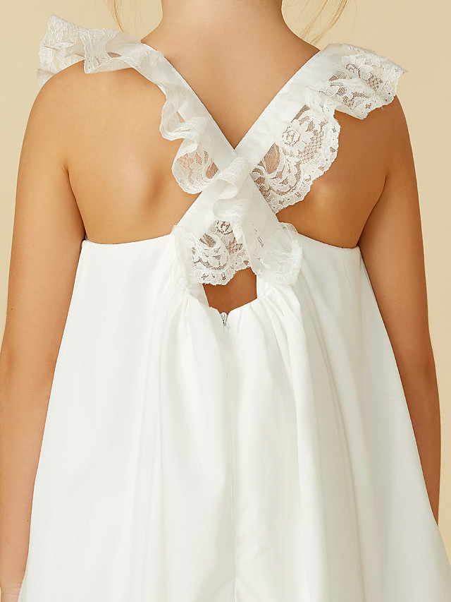A-Line Ankle Length Wedding / First Communion Flower Girl Dresses - Lace / Cotton Sleeveless Straps With Pleats