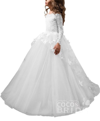 White Scoop Neck Long Sleeves Ball Gown Flower Girls Dress