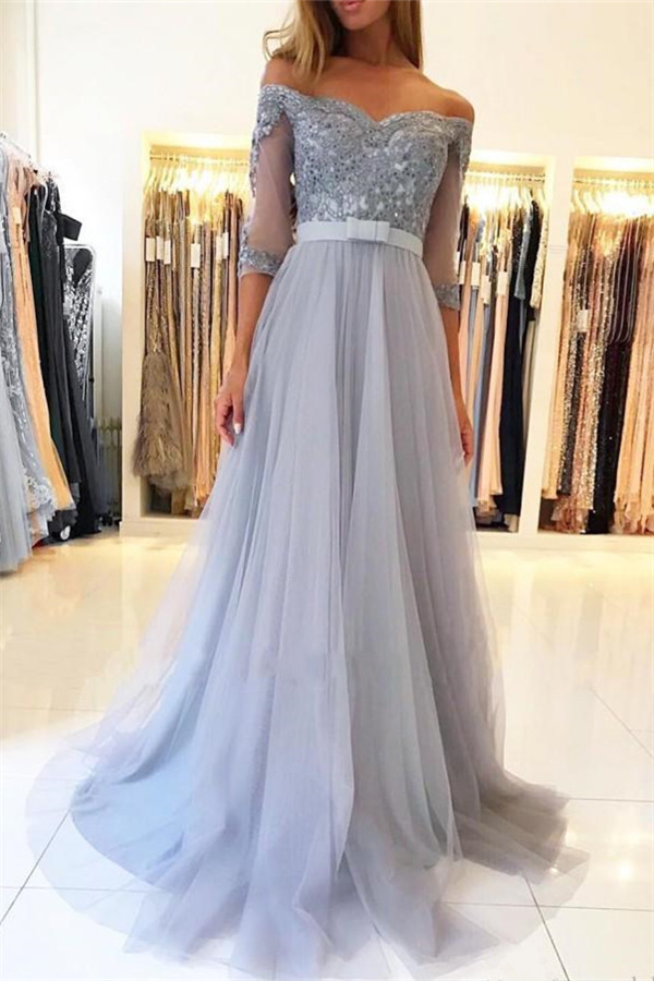 Elegant Off-the-shoulder Half Sleeves Appliques Lace Tulle A-Line Prom Dress