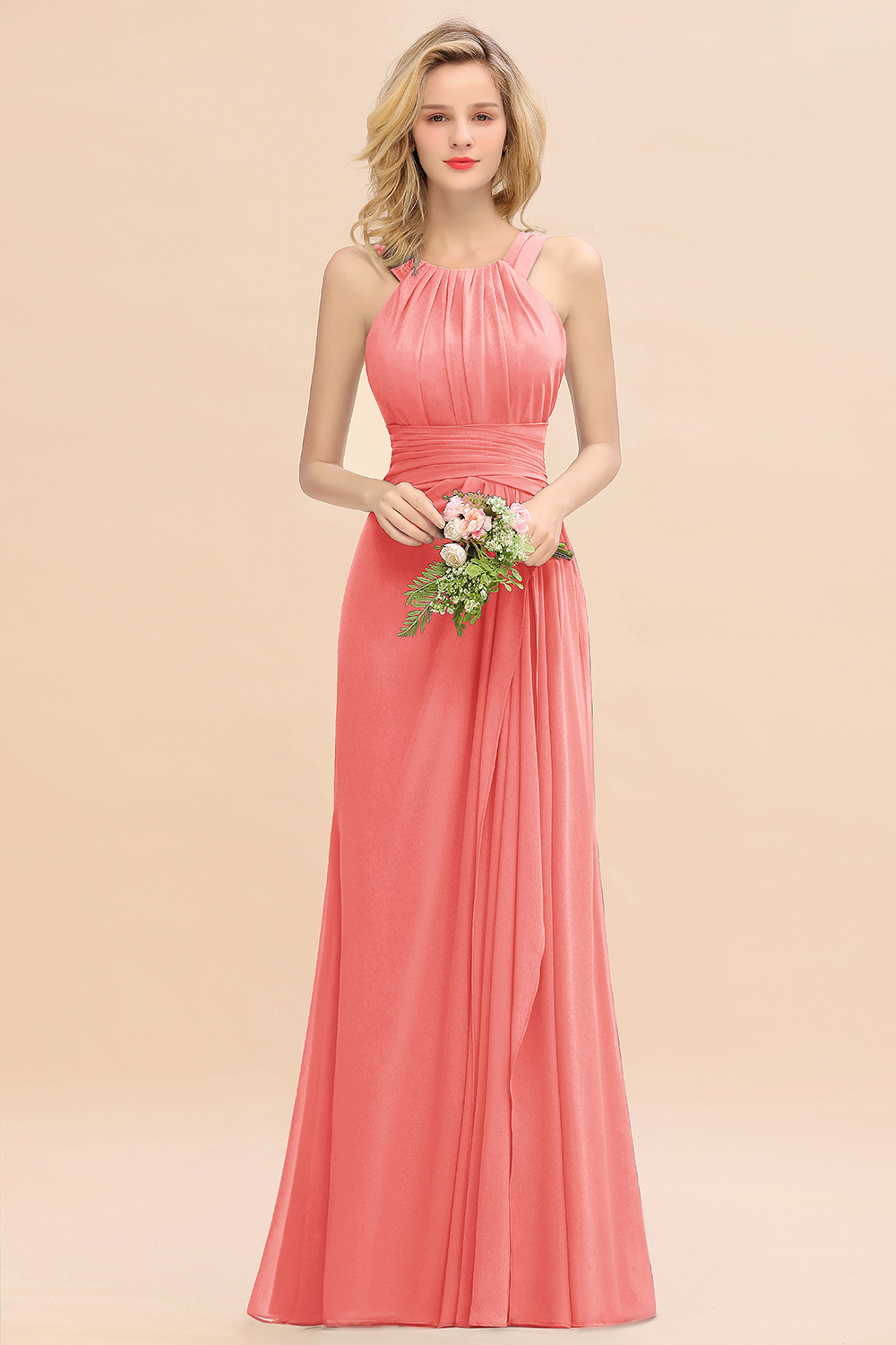 Long A-line Halter Chiffon Backless Floor-length Bridesmaid Dresses
