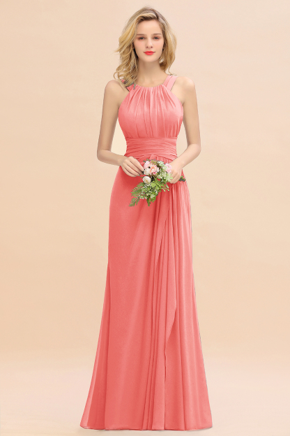 Long A-line Halter Chiffon Backless Floor-length Bridesmaid Dresses