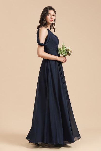 Long A-line Chiffon One Shoulder Bridesmaid Dress Dark Navy Wedding Party Dresses