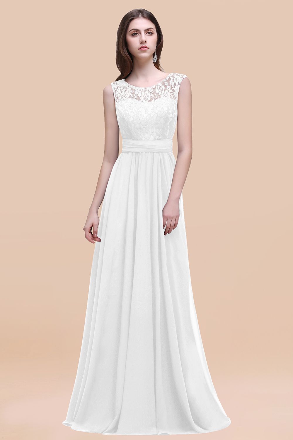 Elegant A-line Chiffon Lace Scoop Sleeveless Floor-Length Bridesmaid Dress