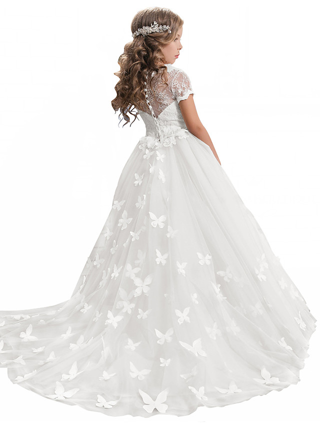 Long A-line Tulle Jewel Neck Appliques Lace Flower Girl Dresses with Sleeves