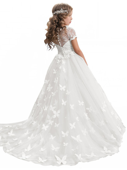 Long A-line Tulle Jewel Neck Appliques Lace Flower Girl Dresses with Sleeves