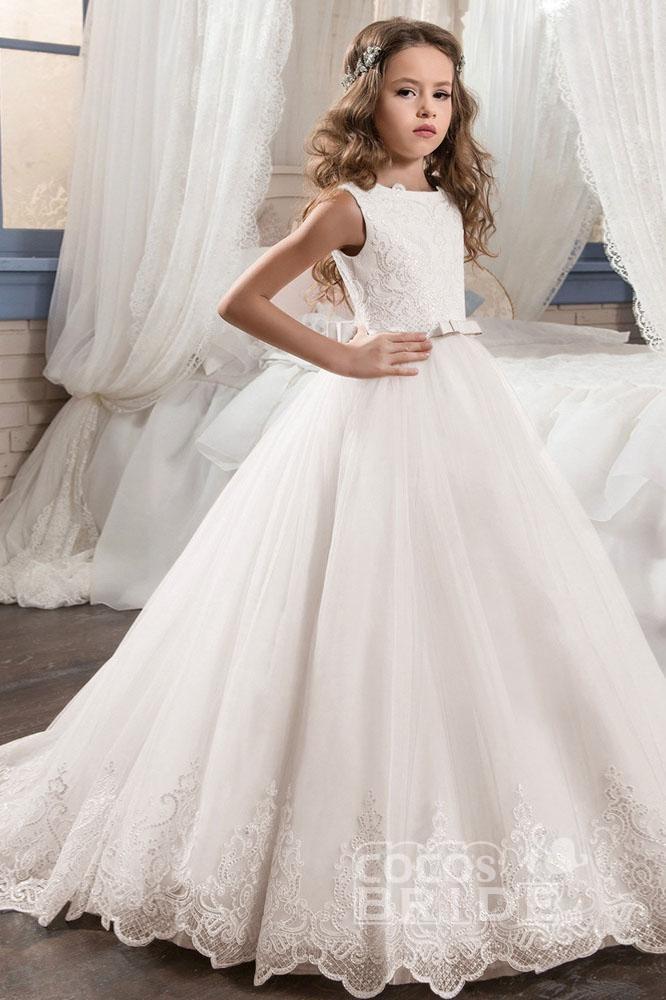 White Scoop Neck Sleeveless Ball Gown Flower Girls Dress