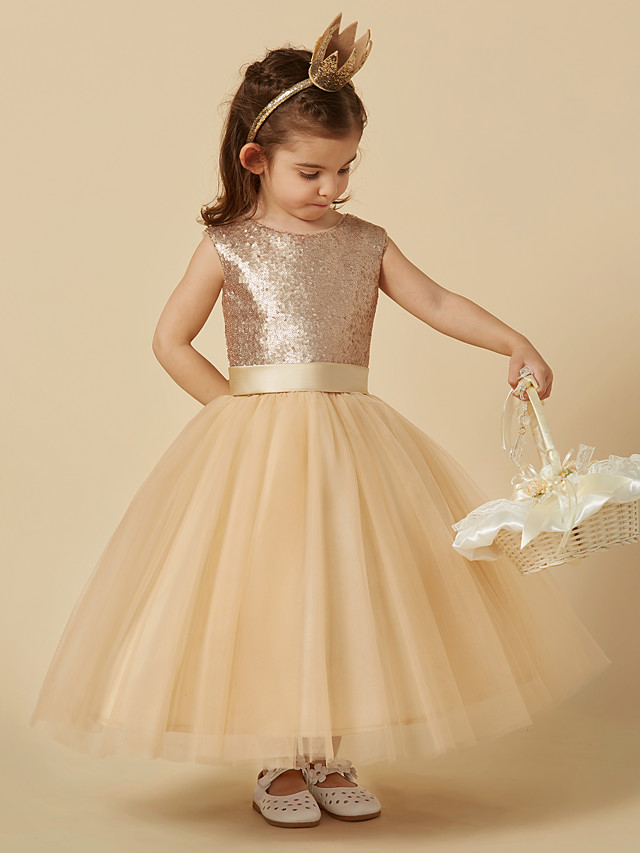 Princess Ankle Length Pageant Flower Girl Dresses - Tulle / Sequined Sleeveless Jewel Neck With Sash / Ribbon / Bow(S)