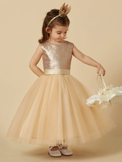 Princess Ankle Length Pageant Flower Girl Dresses - Tulle / Sequined Sleeveless Jewel Neck With Sash / Ribbon / Bow(S)