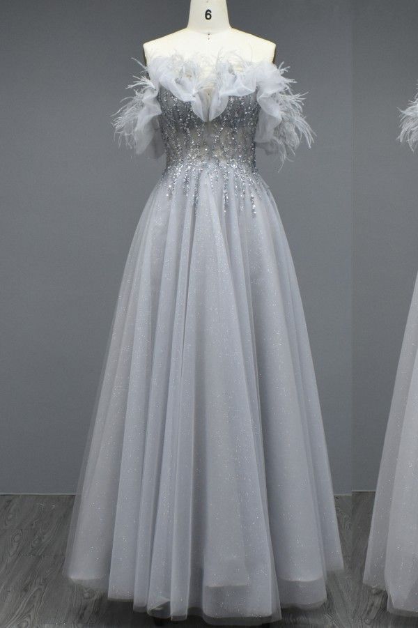 Elegant Long A-line Off the Shoulder Tulle Beading Formal Prom Dresses