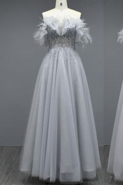 Elegant Long A-line Off the Shoulder Tulle Beading Formal Prom Dresses