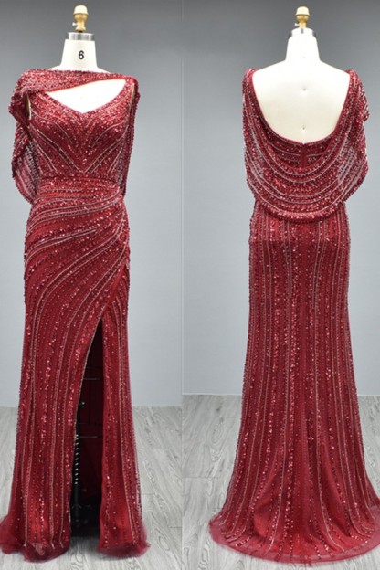 Elegant Long Mermaid V-neck Glitter Formal Prom Dresses with Slit