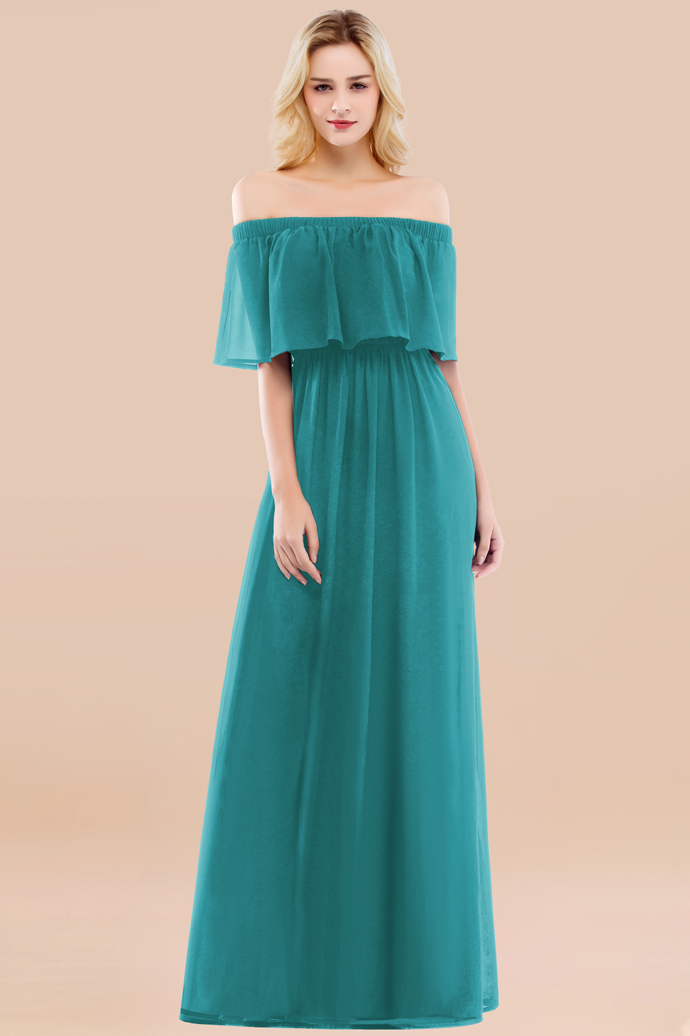 A-line Chiffon Off-the-Shoulder Short-Sleeves Ruffles Floor-length Bridesmaid Dress