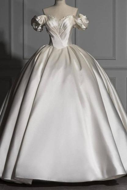 Gorgeous Long Ball Gown Off the Shoulder Satin Wedding Dresses with Sleeves