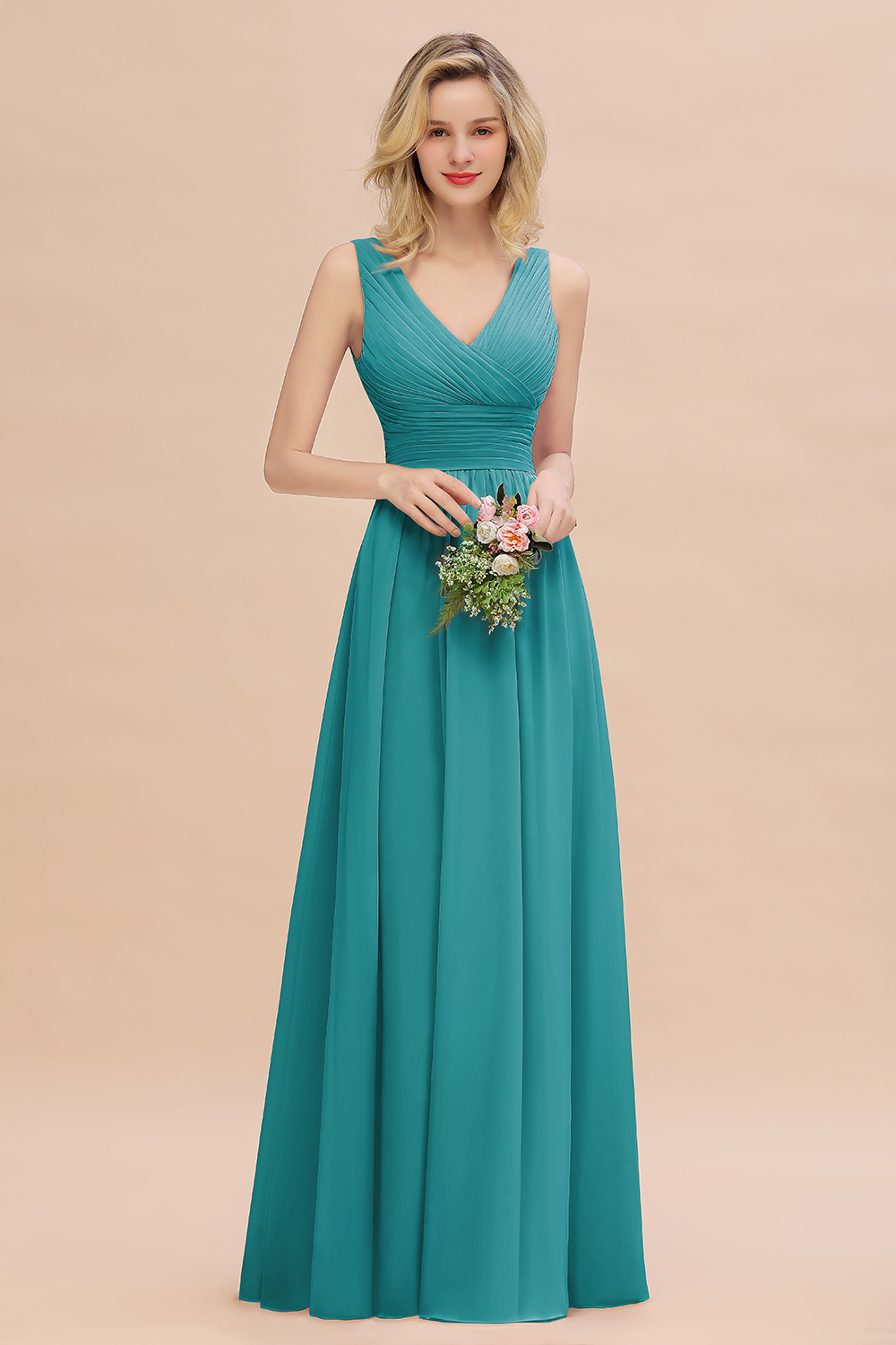 Elegant A-line V-Neck Ruffles Long Bridesmaid Dress