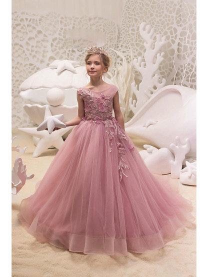 Long A-line Tulle Jewel Neck Appliques Lace Wedding Party Girl Dresses