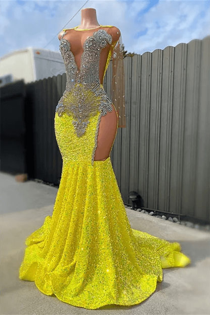 Yellow Long One Shoulder V-Neck Sequin Beaded Mermaid Prom Dress