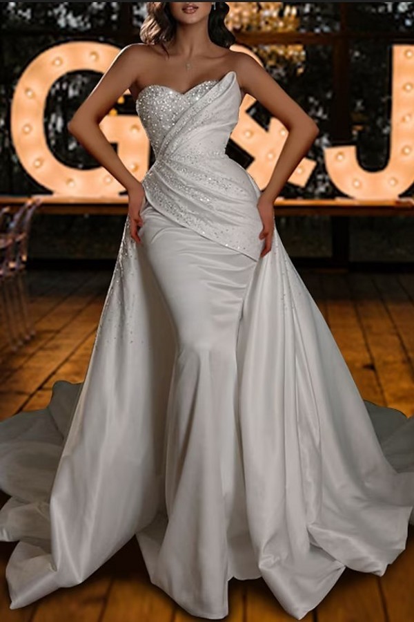 Gorgeous Long Mermaid Sweetheart Satin Beading Backless Wedding Dresses