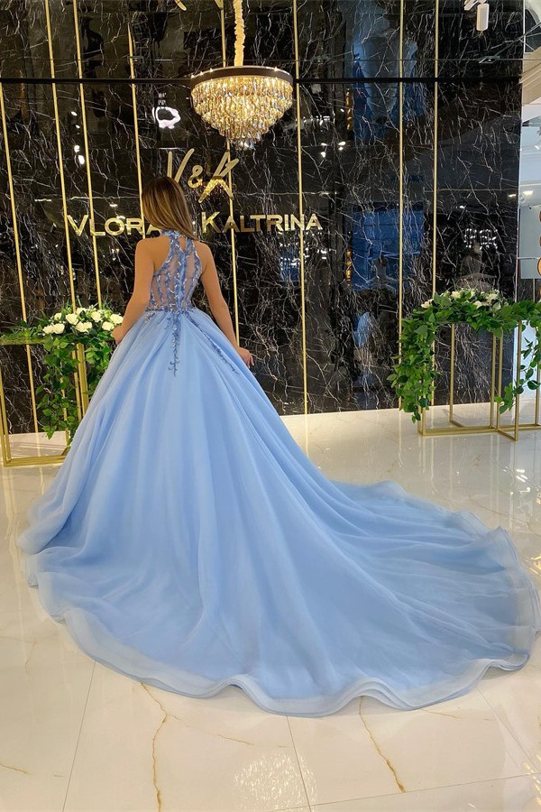 Elegant Long Ball Gown Halter Sleeveless Beading Tulle Prom Dress