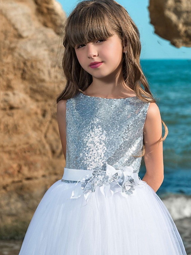 Ball Gown Floor Length Wedding / Party Flower Girl Dresses - Polyester Sleeveless Jewel Neck With Sash / Ribbon / Bow(S) / Paillette