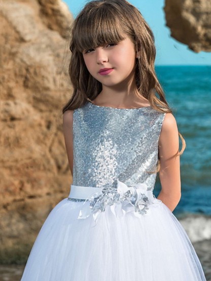 Ball Gown Floor Length Wedding / Party Flower Girl Dresses - Polyester Sleeveless Jewel Neck With Sash / Ribbon / Bow(S) / Paillette