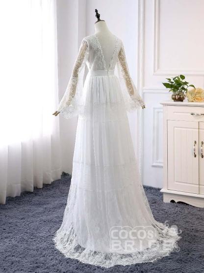 Elegant Long Sleeves A-line V-Neck Tulle Wedding Dresses