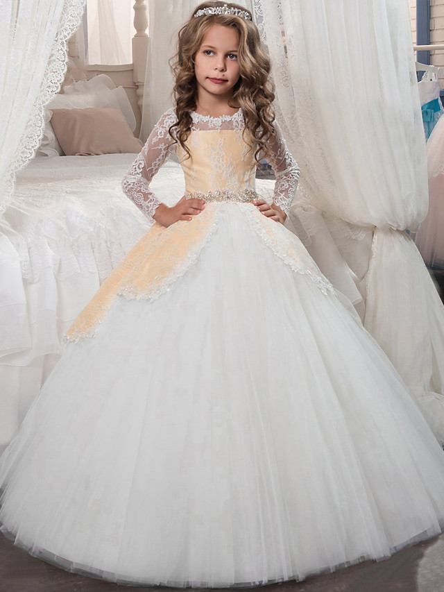 Long A-line Jewel Neck Tulle Lace First Communion Flower Girl Dresses with Sleeves