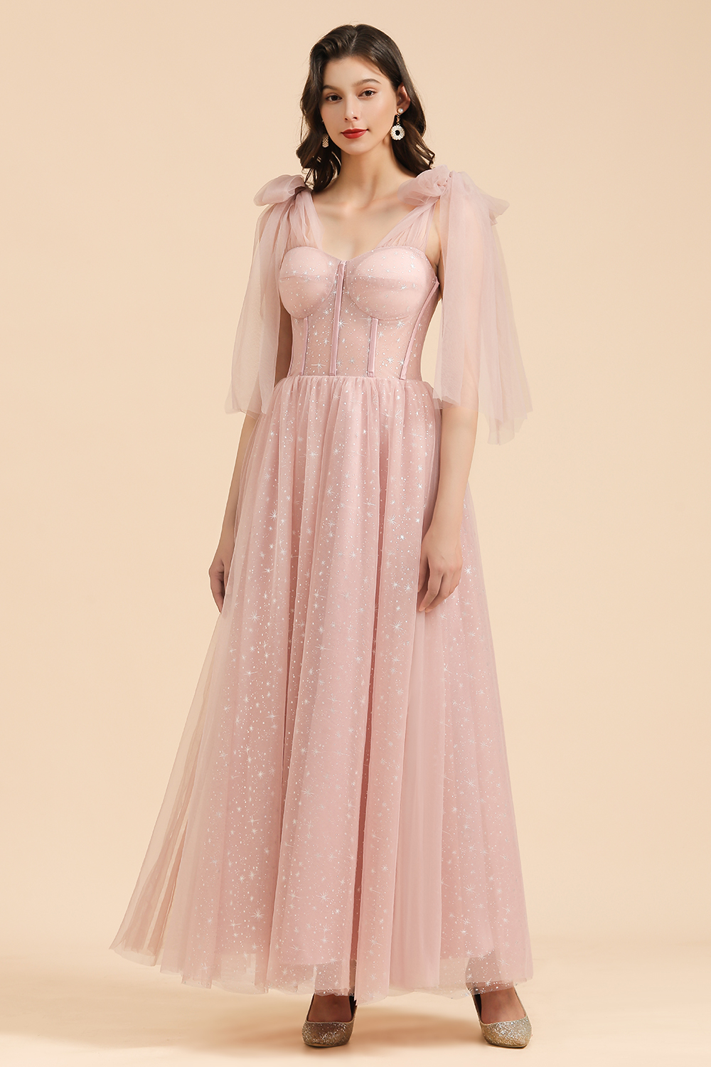 BM2007 A-line Pink Off The Shoulder Bow Tulle Floor Length Bridesmaid Dress
