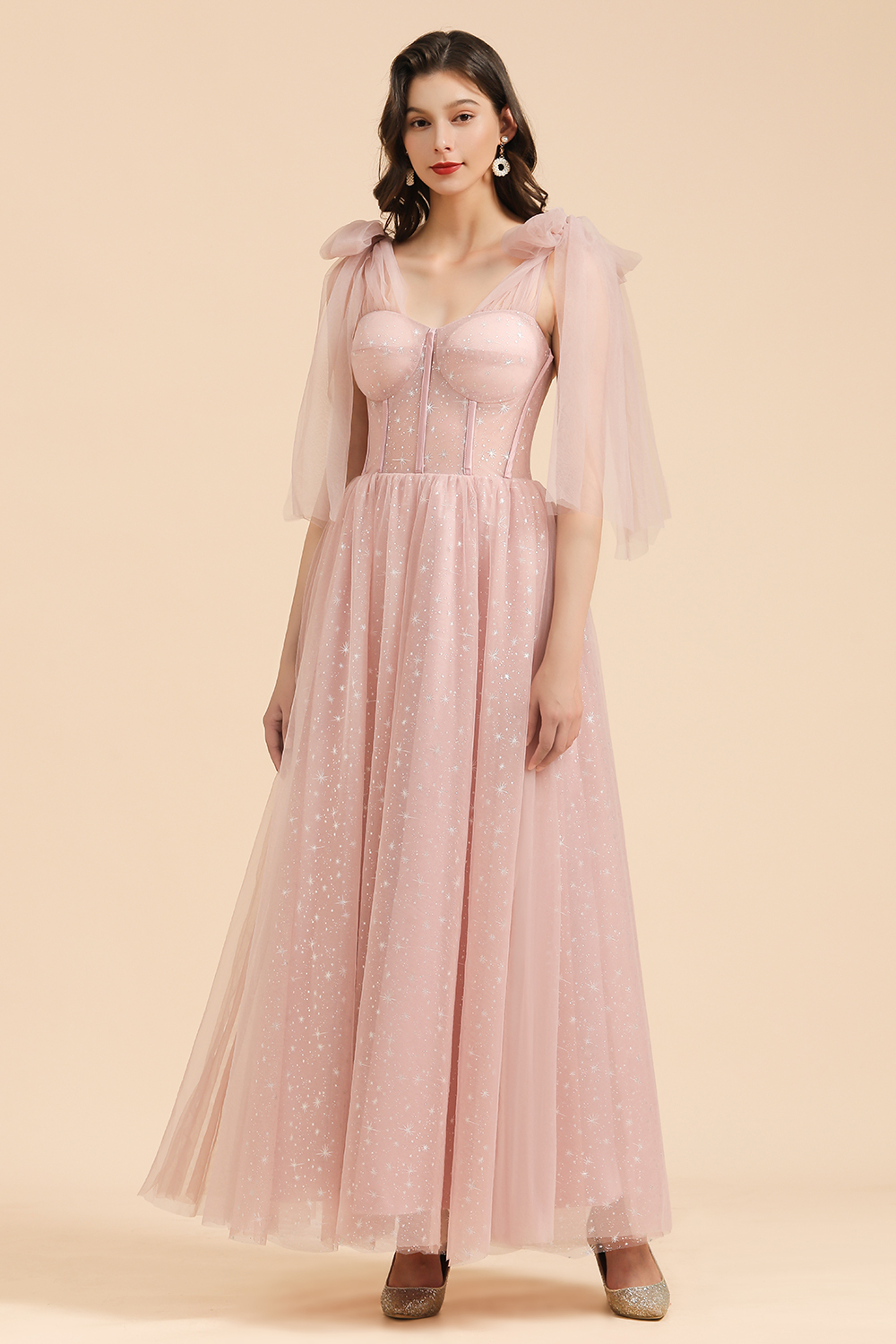 A-line Pink Off The Shoulder Bow Tulle Floor Length Bridesmaid Dress