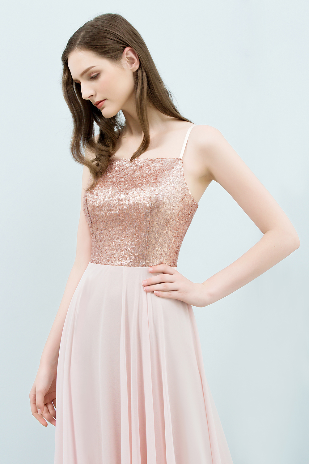 A-line Chiffon Sequined Spaghetti Straps Sleeveless Floor-Length Bridesmaid Dress