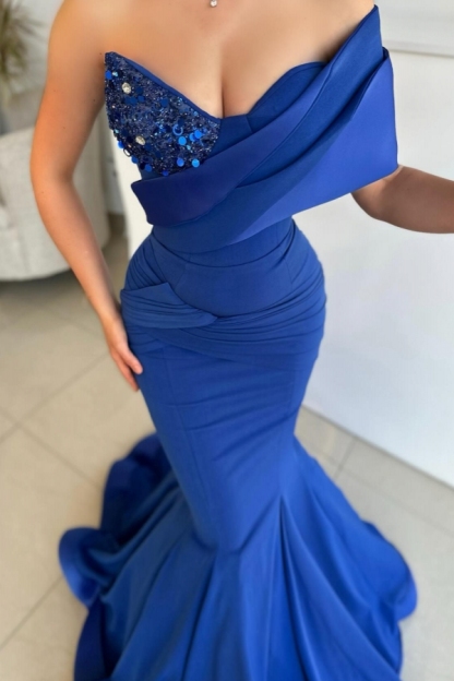 One Shoulder Royal Blue Mermaid Satin Long Formal Dress with Beads