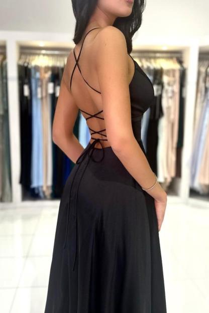 Black Long A-line V-neck Satin High Slit Backless Prom Dresses