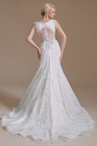 Gorgeous Long Mermaid Jewel Tulle Lace Wedding Dress