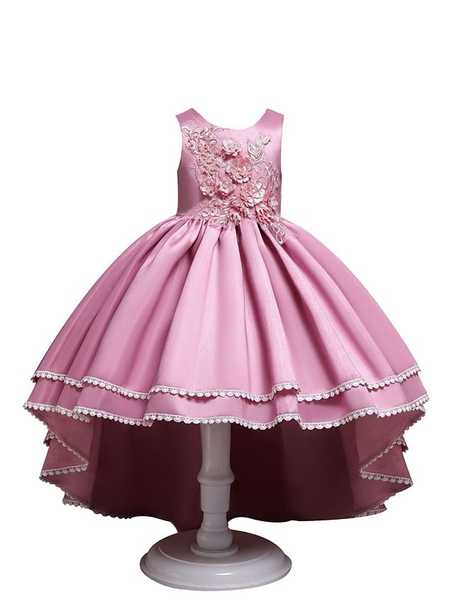 Princess Asymmetrical Wedding / Party / Pageant Flower Girl Dresses - Satin / Tulle Sleeveless Jewel Neck With Lace / Belt / Appliques