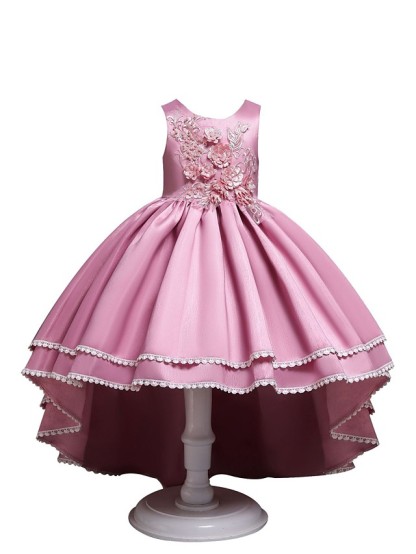 Princess Asymmetrical Wedding / Party / Pageant Flower Girl Dresses - Satin / Tulle Sleeveless Jewel Neck With Lace / Belt / Appliques