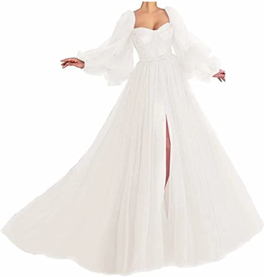 Awesome Long Sleeves A-line Sweetheart Tulle Prom Dress with Slit