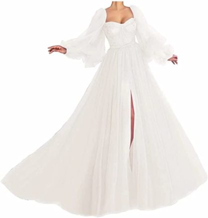 Awesome Long Sleeves A-line Sweetheart Tulle Prom Dress with Slit