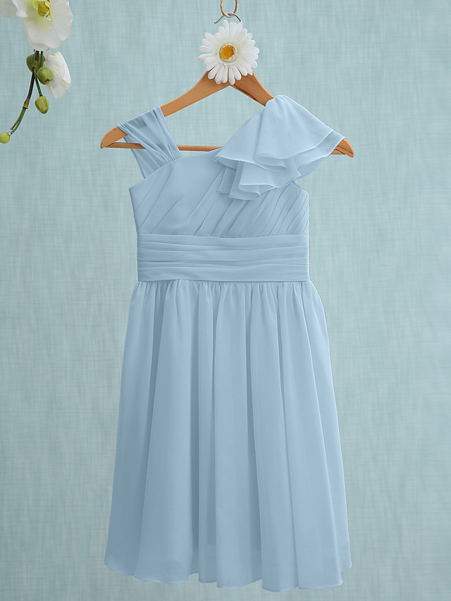 Sheath / Column Straps Knee Length Chiffon Junior Bridesmaid Dress With Ruffles / Side Draping / Natural