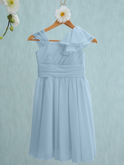 Sheath / Column Straps Knee Length Chiffon Junior Bridesmaid Dress With Ruffles / Side Draping / Natural
