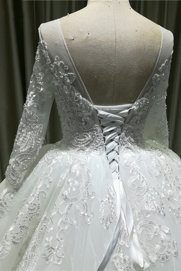Vintage Ball Gown Appliques Lace Long Sleeve Tulle Wedding Dress
