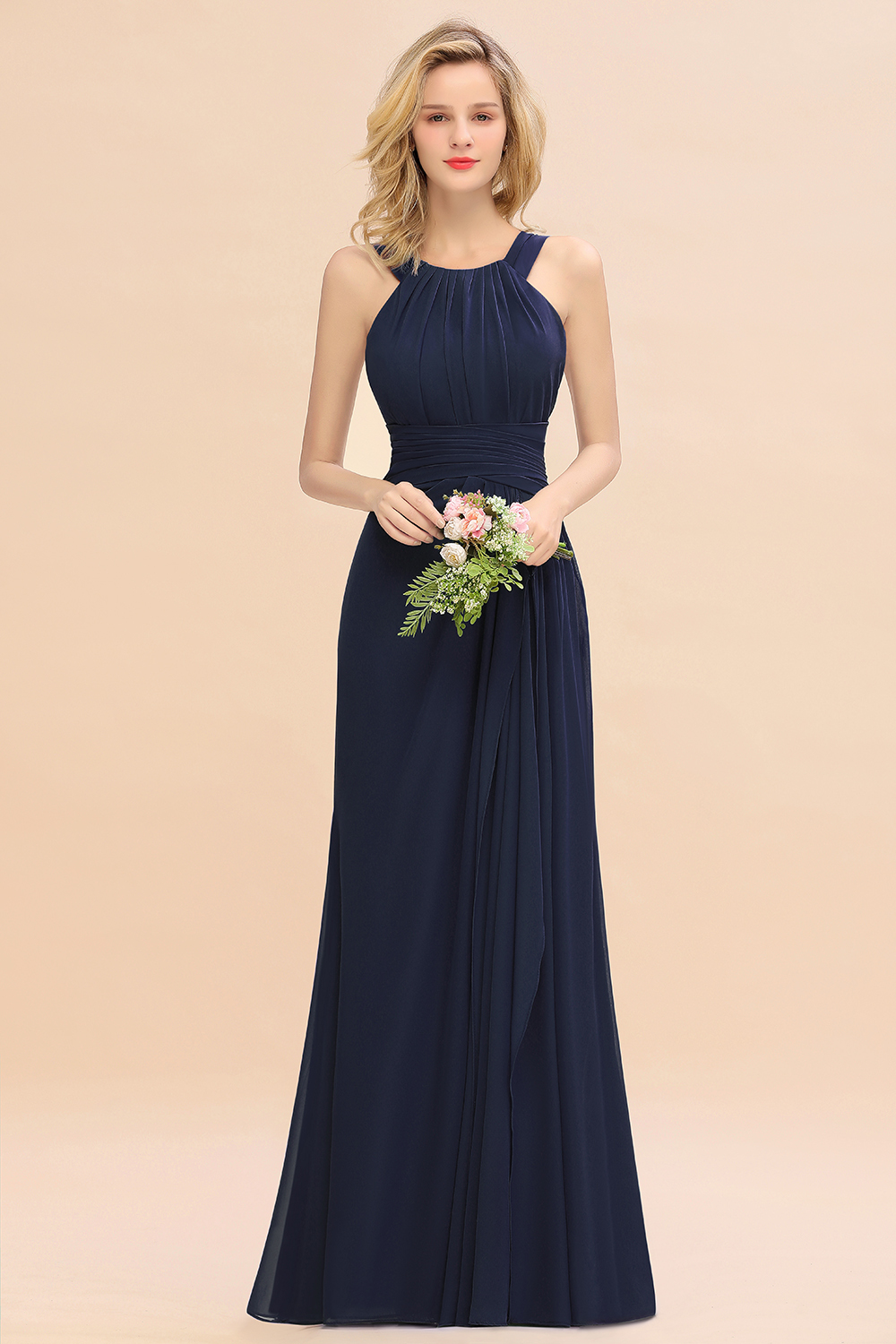 Long A-line Halter Chiffon Backless Floor-length Bridesmaid Dresses