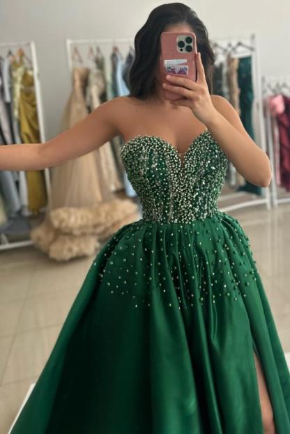 Split Front Strapless Sweetheart A-Line Prom Dress with Beads