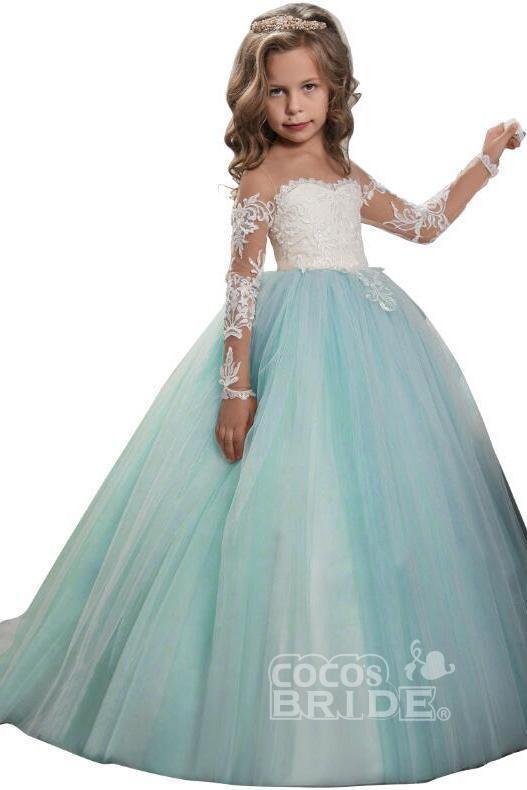 White Scoop Neck Long Sleeves Ball Gown Flower Girls Dress