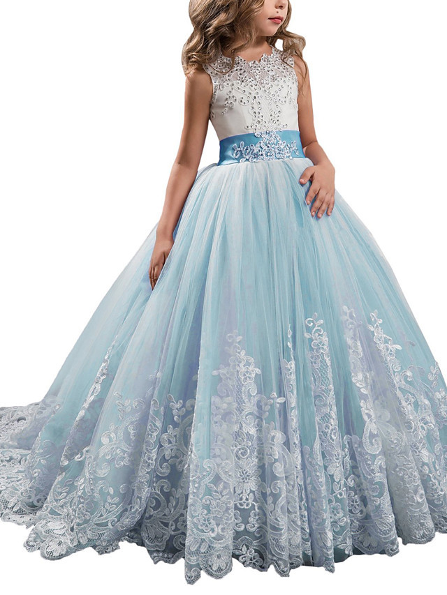 Princess Sleeveless Jewel Neck Pageant Flower Girl Dresses With Bow(S)