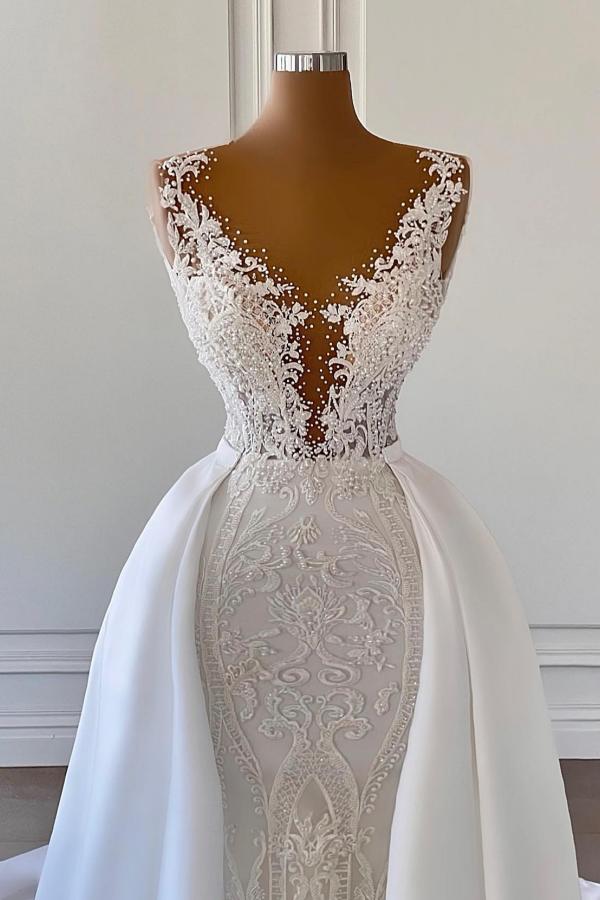 Gorgeous Long Mermaid V-neck Lace Wedding Dresses with Satin Detachable Train