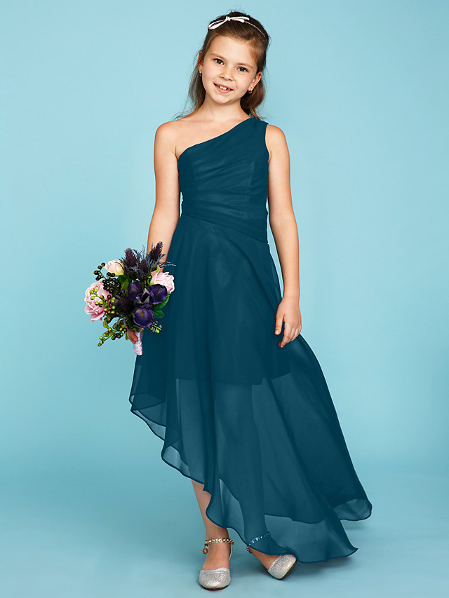 A-Line One Shoulder Asymmetrical Chiffon Junior Bridesmaid Dress With Side Draping / Wedding Party