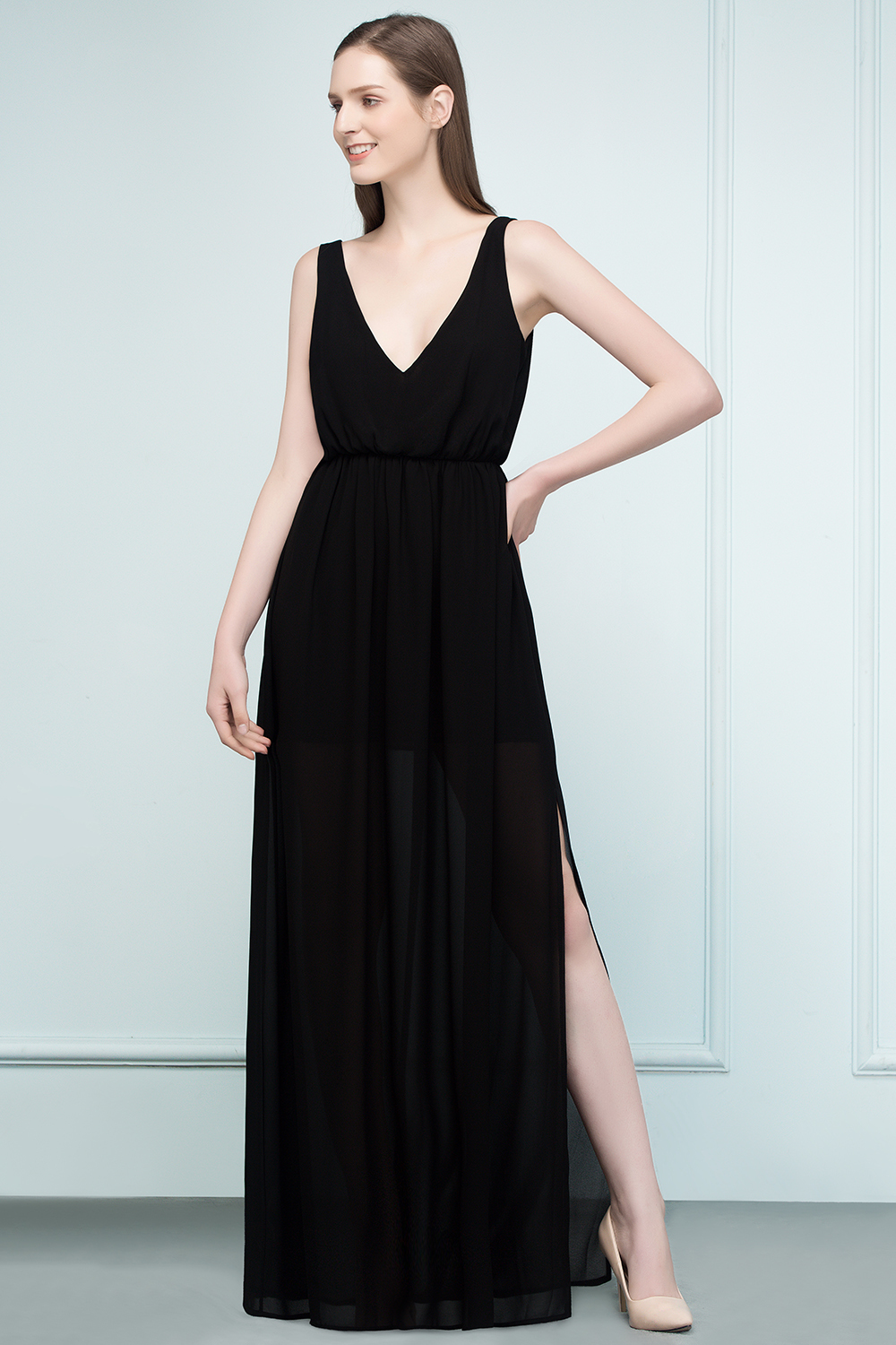 Black Long V-neck Chiffon A-line Evening Dress